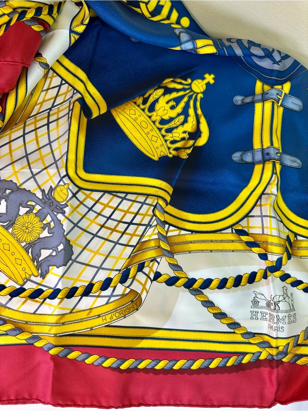 Hermes “Grande Tenue” silk twill scarf by Henri d’Origny Royal Blue & Red France - Picture 9 of 11